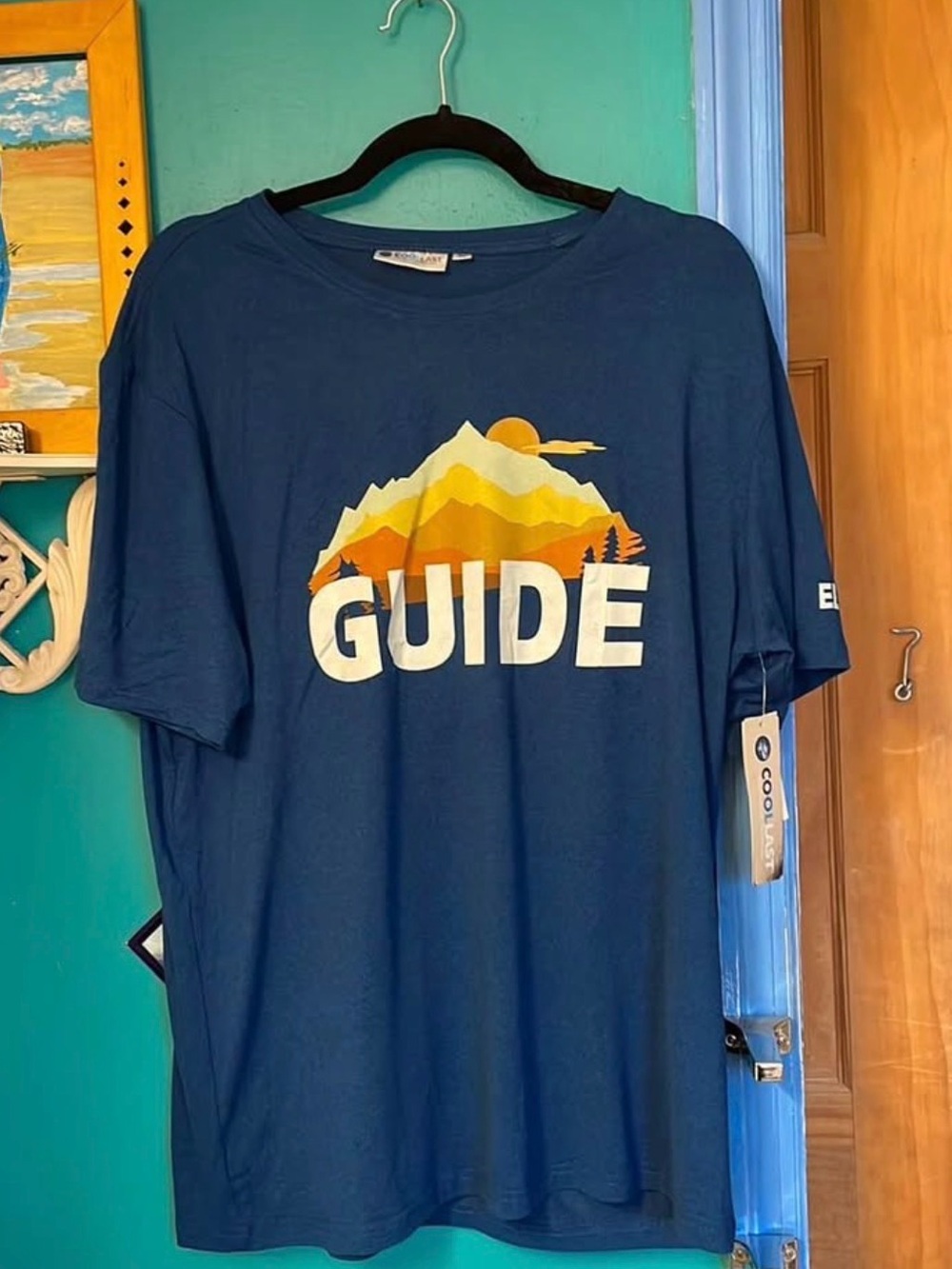 Lapis, blue Guide Graphic Tee with Mountain Sunset. Waterproof XL.